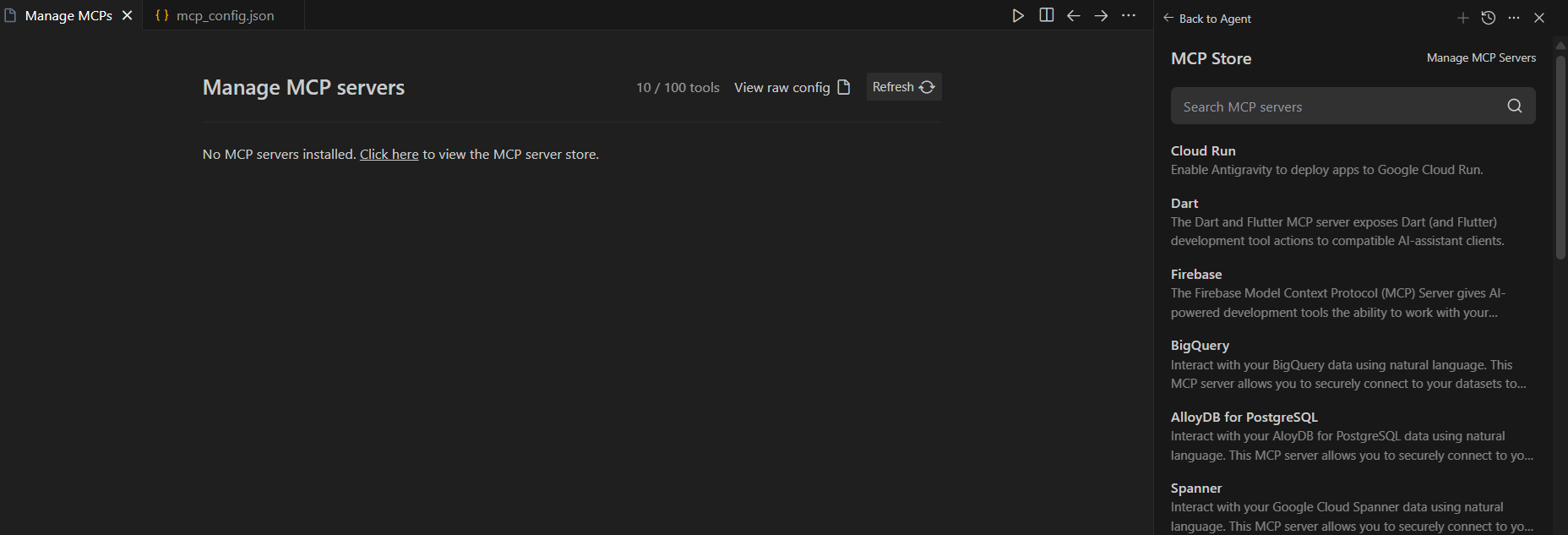 Antigravity MCP 存储显示“管理 MCP 服务器”��选项和“查看原始配置”按钮。