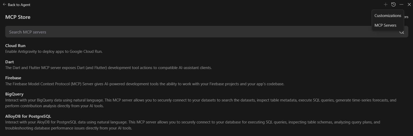 Antigravity MCP 存储。顶部是一个搜索栏，下面是可用 MCP 服务器的列表。在最右上角是一个下拉菜单。